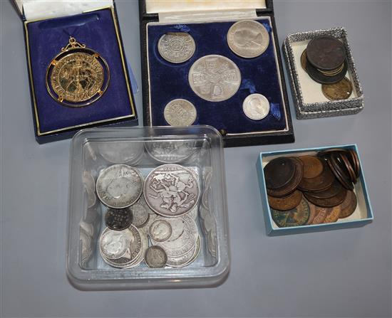 A small collection of GB coins, including pre-1920 silver (mostly worn), commemorative crowns, pre-decimal set etc